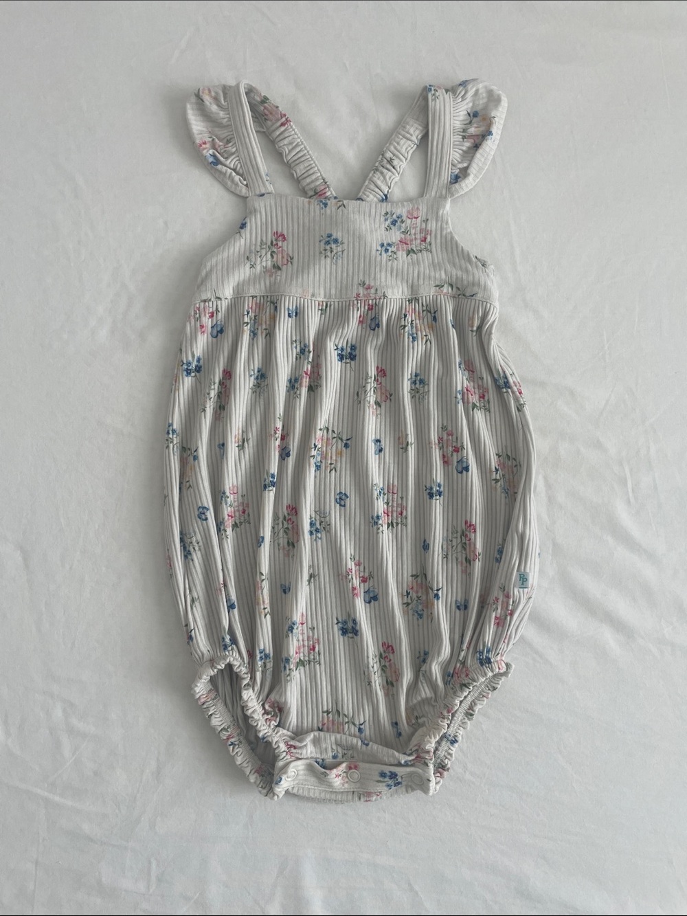 Posh Peanut Ruffle Cap White Bubble Romper w/Pink & Blue Floral Print 2T (VGUC)